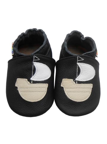 Schwarze Baby Leder Krabbelschuhe, rutschfester harter Sohle–Segelboot-Muster
