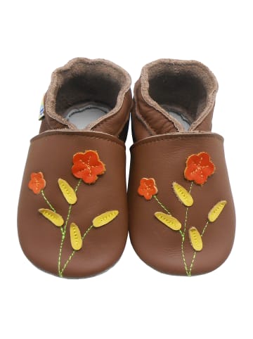 Leder-Krabbelschuhe "2 Blumen" in Braun