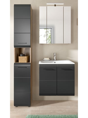 Badmöbel-Set 3-teilig schwarz matt, Eiche, Komplett-Set mit Waschbecken