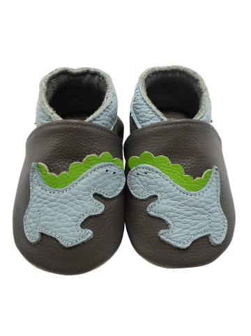 Baby-Lederlaufschuhe mit rutschfester Sohle – Grau mit Dinosauriermuster 