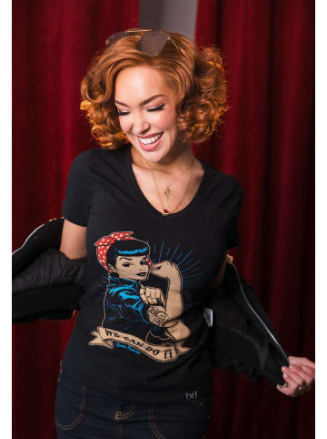 Queen Kerosin Kurzarmshirt mit großem Vintage Druck vorne We can do it in schwarz