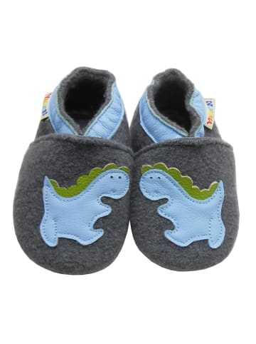 Baby Krabbelschuhe aus Filz mit rutschfester Sohle – Grau mit Dinosaurier-Muster