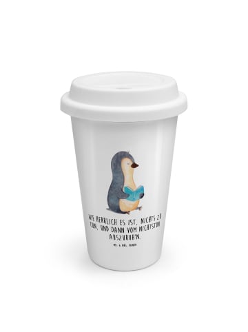 Kaffeebecher Pinguin Buch mit Spruch in Weiß