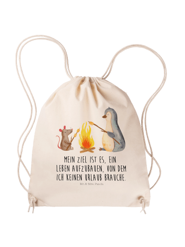 Turnbeutel Pinguin Lagerfeuer mit Spruch in Creme
