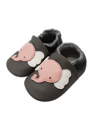 Baby Krabbelschuhe aus Leder mit rutschfester Sohle – Grau mit Elefantenmuster