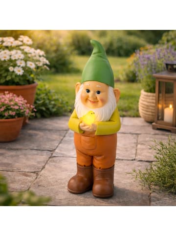 LED Solar Gartenzwerg mit Vogel Gartenfigur H: 28,5cm in bunt