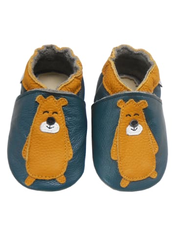 Dunkelgrüne Leder Babyschuhe, Krabbelschuhe, rutschfeste Sohle - Bärenmuster