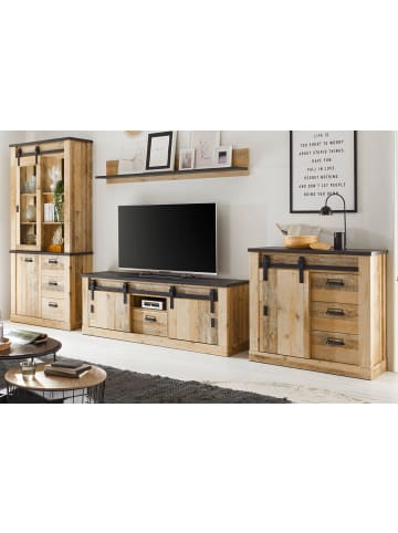 Wohnwand Used Wood hell, anthrazit 4-teilig 388 cm, Schrankwand mit Soft-Close