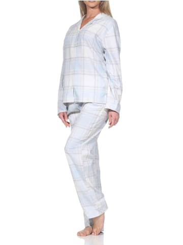 Flanell Schlafanzug langarm Pyjama Kariert in hellblau