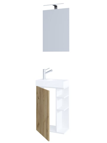 2-tlg Gäste WC Badmöbel Waschtisch Lumia Spiegel in Weiß / Honig-Eiche