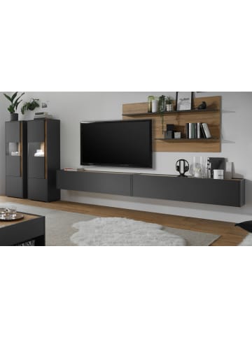 Wohnwand 5-teilig grau matt, Eiche Wotan 440 cm, Schrankwand mit XXL-TV-Schrank