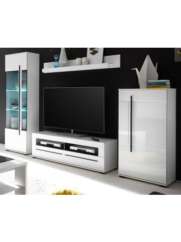 Wohnwand Hochglanz weiß 280 cm, zeitloses Design, mit Soft-Close