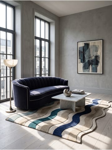 Teppich Wolle für Fußbodenheizung MONNOW retro Wohnzimmer in Natur-Blau