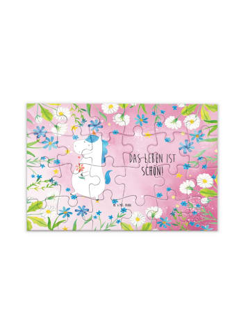 Puzzle Einhorn Spaziergang mit Spruch in Rot Pastell