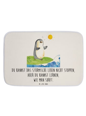 Duschmatte Pinguin Surfer mit Spruch in Weiß