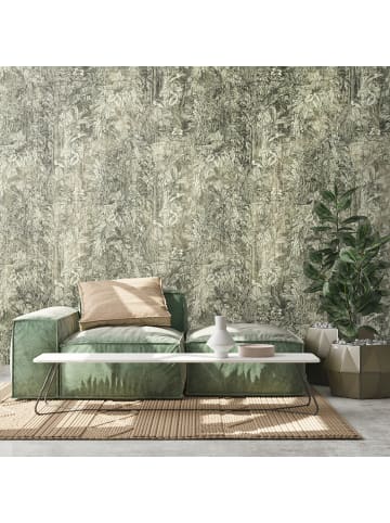 Tapete Botanical Line Art in Oliv und Sand