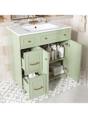 Badezimmerschrank in Grün mit Waschbecken Keramik 81,7 cm Massivholzfüßen