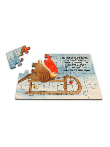 Puzzle Rotkehlchen Schlitten Design mit Spruch in Weiß