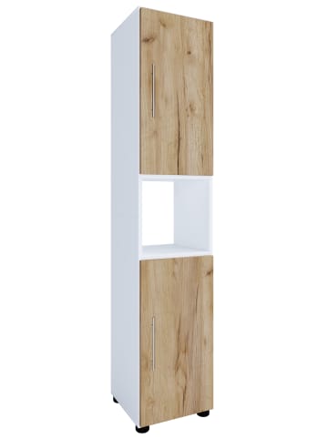 Holz Badmöbel Badschrank Hochschrank Flandu in Weiß / Honig-Eiche