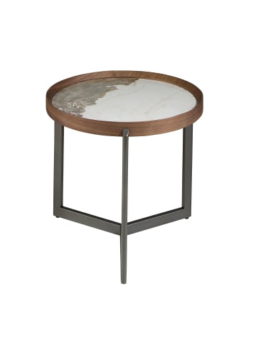 Ecktisch 2130 in Weiß / Dunkler Stahl / Walnuss – (Ø)62 x (H)56 cm