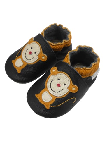 Schwarze Leder Krabbelschuhe für Babys mit rutschfester Sohle – Affen-Muster