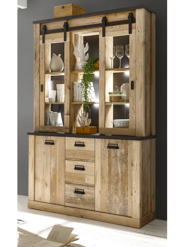 Buffetschrank Used Wood hell, anthrazit, Vitrinenschrank 133 x 201 cm