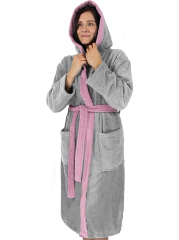 Damen Baumwoll-Bademantel mit Frottee, zweifarbig - OEKO-TEX® 100 in Grau/Rosa