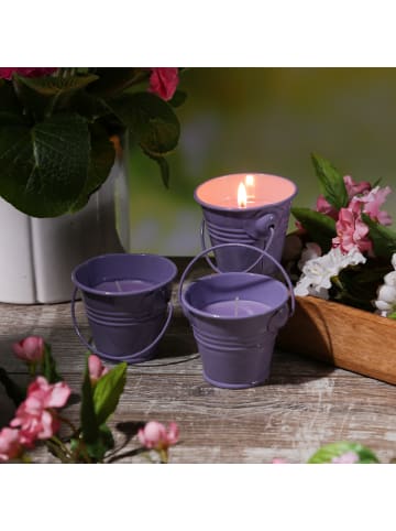 3x Duftkerzen Citronella im Metalleimer Outdoorkerzen H: 5,5cm in lila
