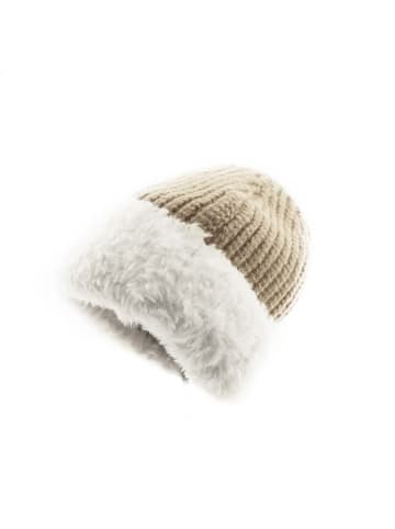 Strickmütze mit weißem Plüsch Wintermütze OneSize für Unisex in Hellbraun