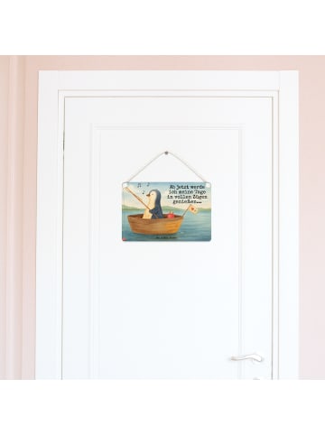 Schild Pinguin Angelboot Design mit Spruch in Weiß