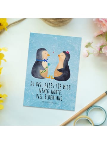 Postkarte Pinguin Pärchen mit Spruch in Eisblau