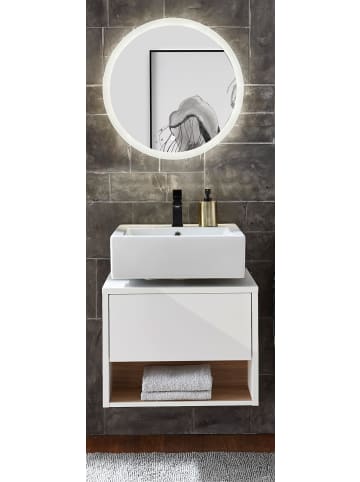 Badmöbel-Set 2-teilig weiß Hochglanz, Eiche, Badmöbel mit LED Beleuchtung 60 cm
