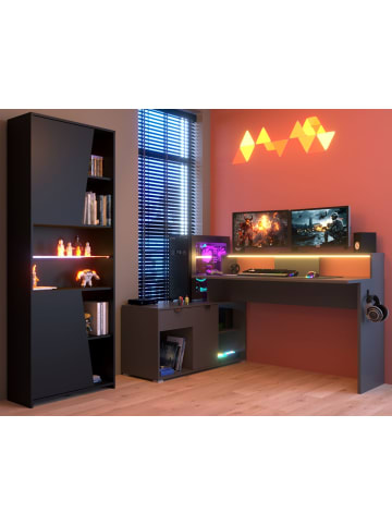Schreibtisch-Set schwarz, grau, Gamingtisch und Regal inkl. LED mit Farbwechsel