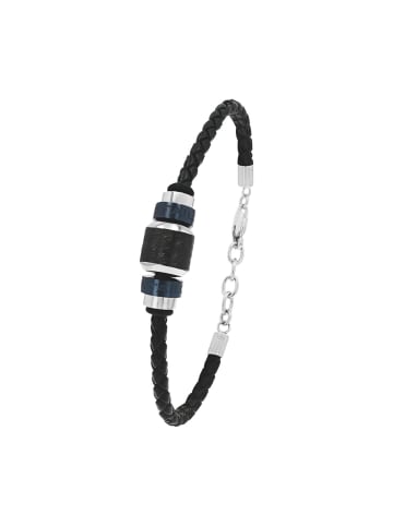 Armband Edelstahl, IP Schwarz+Grau, Leder in bicolor