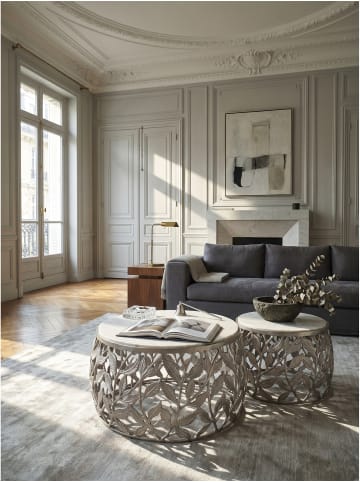 Tisch 2er Set indischer Marmor, handgefertigt, Modern in Silber-Weiß