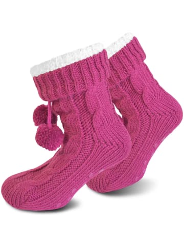 Strick-Hausschuhe mit Bommeln und ABS in Magenta Pink