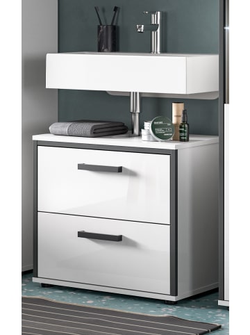 Waschbeckenunterschrank weiß Hochglanz, grau 60 cm, Unterschrank mit Schubkästen