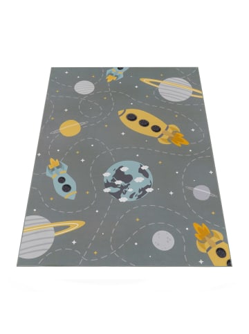 Kinderteppich waschmaschinenwaschbar Weltraumraketen Kinderzimmer in Grau
