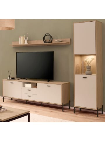 Wohnwand in kaschmir und Eiche 259 cm 3-teilig, Wohnkombination mit Soft-Close