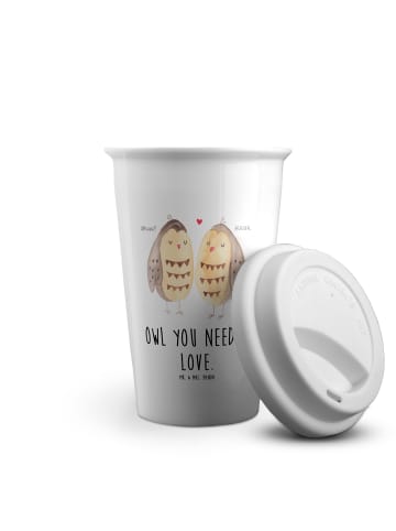 Reisebecher Eulen Liebe mit Spruch in Weiß