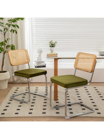Esszimmerstuhl in Grün Rattan mit Chrombeinen 2er Set Mid Century