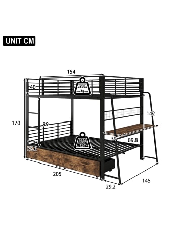 Hochbett in Schwarz 140x200 cm mit Schreibtisch, LED und Schubladen