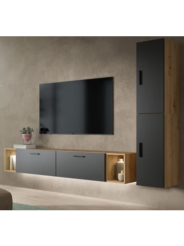 Wohnwand in grau und Artisan Eiche 249 cm, Wohnkombination hängend oder stehend