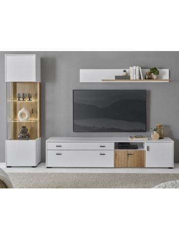 Wohnwand 3-teilig weiß matt, Eiche 258 cm, Set mit Soft-Close-Funktion