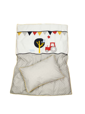 Babybettwäsche "TRAKTOR & SPATZ" in Grau/Gelb - (L) 135 x (B) 100cm