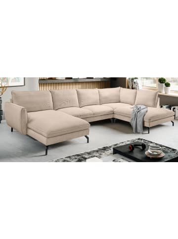 Sofa beige Cord-Stoff 202 x 361 cm, Wohnlandschaft U-Form