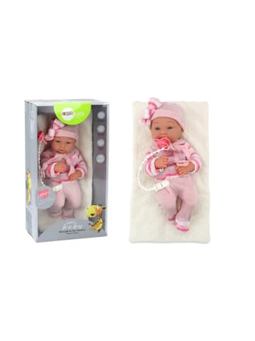 Babypuppe, gestreifter Pullover, Mütze, Schal, Accessoires
