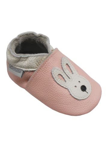 Rosa Baby-Leder-Laufschuhe, komfortabel mit rutschfester Sohle - mit Hasenmotiv