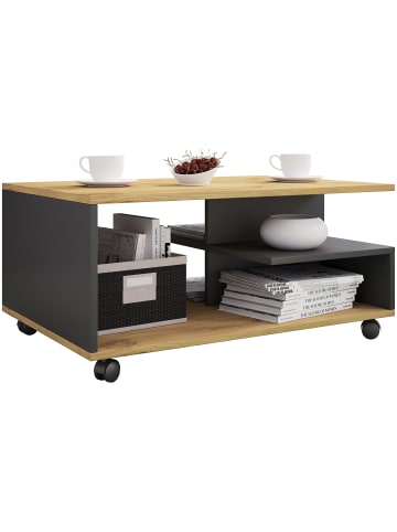Holz Sofatisch Couchtisch Rollen rollbar Stango in Anthrazit / Honig-Eiche