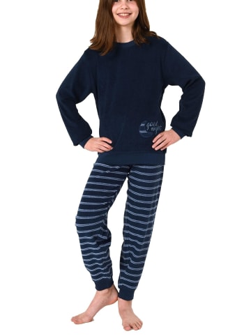 Frottee Pyjama langarm Schlafanzug Bündchen Hose gestreift - 70499 in navy